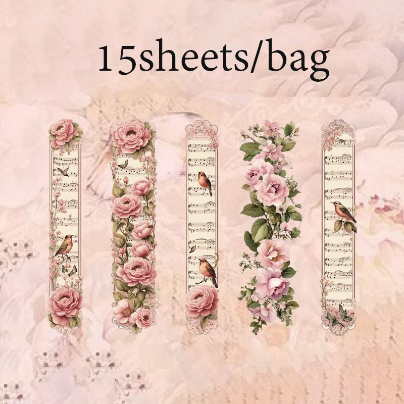 15 Sheets/Bag Floral Long Strip Stickers For Creative Journal Scrapbooking Stationery Planner Phone Case Gift Decor