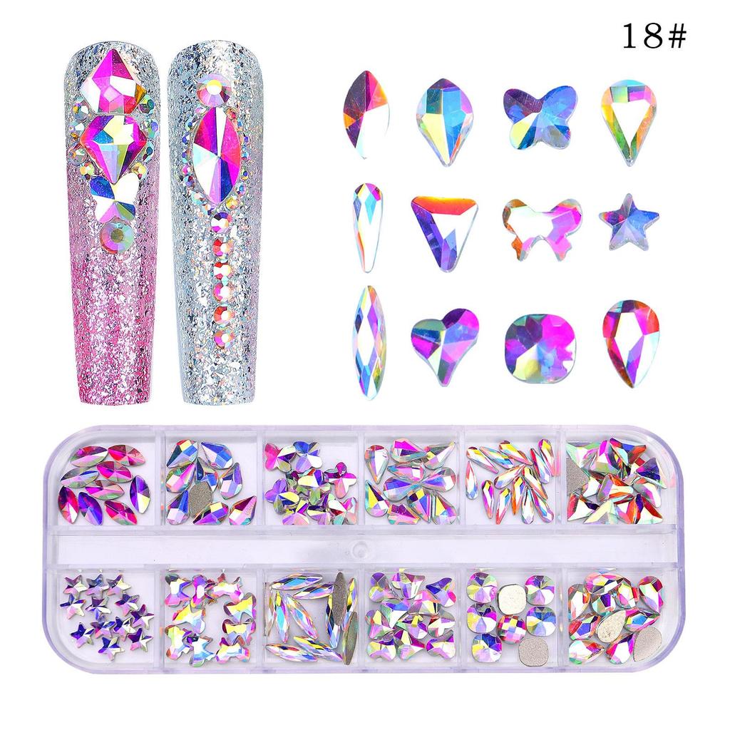 12 Gitter/Box, gemischtes Design, flache Rückseite, Nagel-Strasssteine, 3D-Charms, Stein-Edelsteine, Nagelkunst-Dekorationen