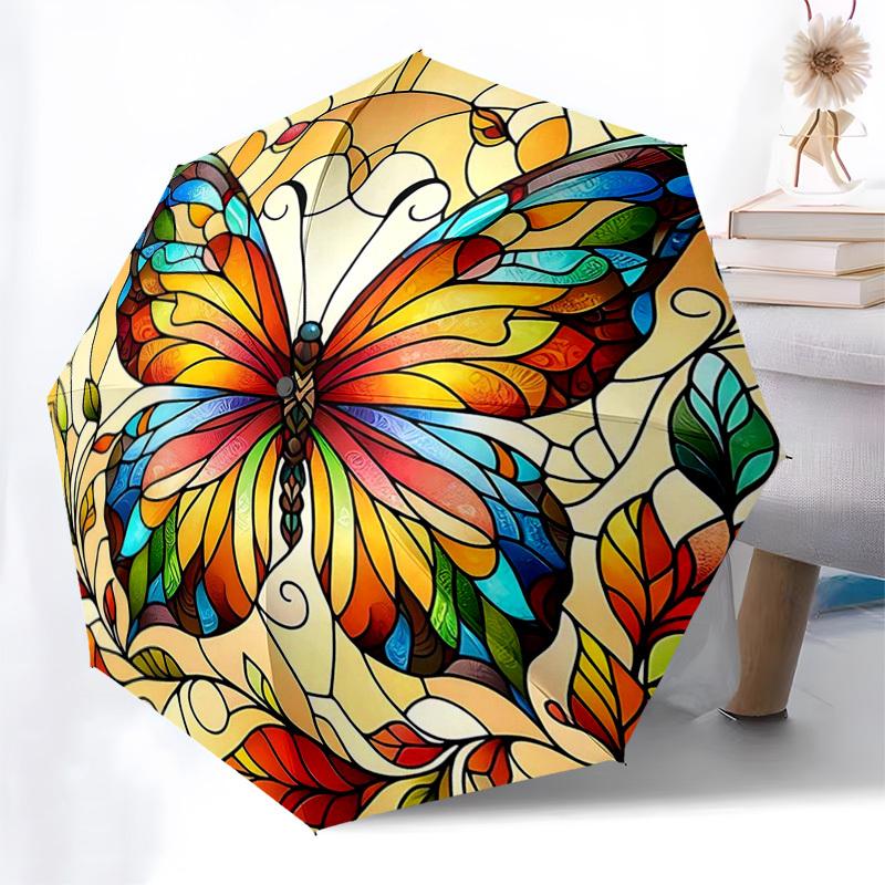 

1pc Stained Glass Butterfly Design Automatic Opening Folding Umbrella with 8-Bone Iron Frame - Portable Outdoor for Fans, Travelers, Daily Use, Festiv