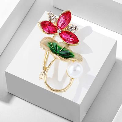 Personality Lotus Leaves Lotus Flowers Pearl Inlaid with Diamonds Alloy Oil Drop Brooch Brooch Corsage Pins Female Clothing Accessories