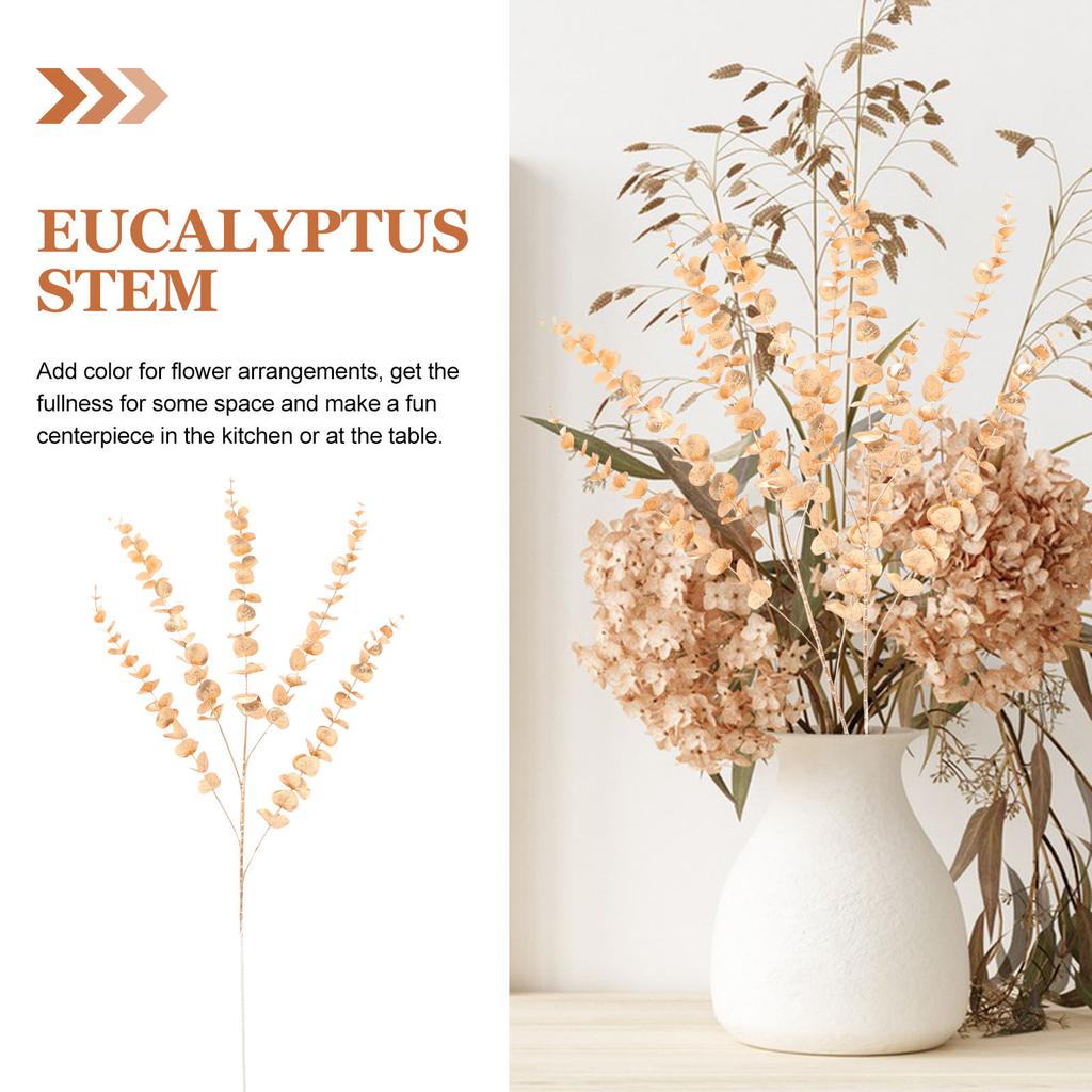 4Pcs Gold Tone Eucalyptus Stem Artificial Eucalyptus Leaves Stems Real Touch Faux Branches for DIY Home Decor Bookshelf Counter