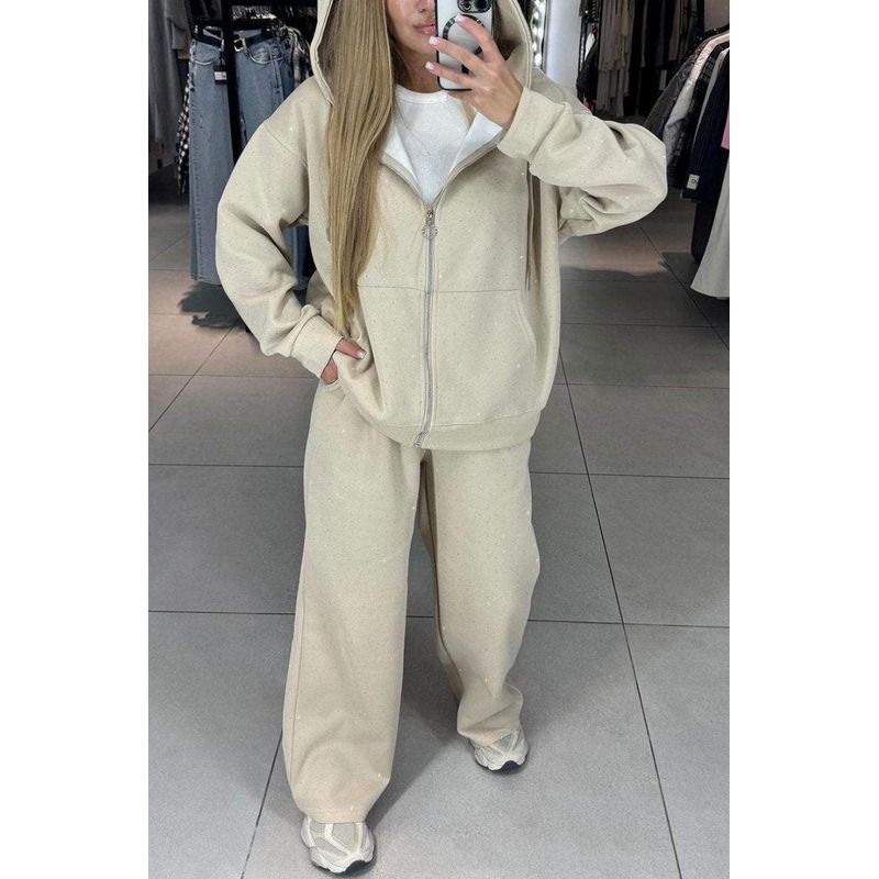 

European and American Sports Set Women Autumn and Winter Zip-up Idle Style Casual Hoodie Full of Crystals Wide Leg Pants Two-piece Set Apricot XL