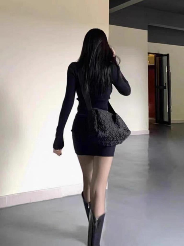 Women's Black Knit Sweater Dress - Slim Fit, Hip Wrap, Plus Size, Autumn/Winter