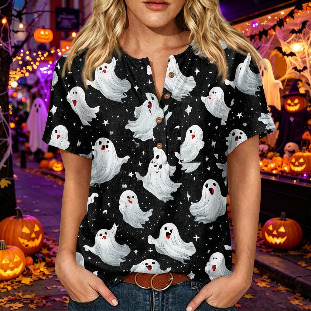 Women's Casual Halloween Print V Neck Short Sleeve Button Detail Three Quarter Sleeve T Shirt Top for Everyday Wear