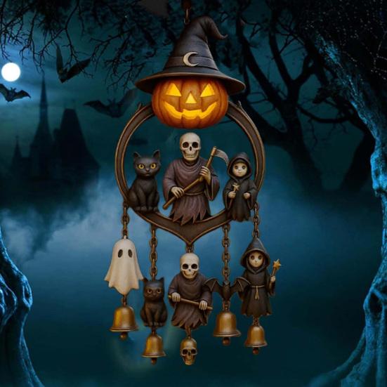 Halloween Gothic Wind Chime Spooky Bell Chime with Carved Pumpkin Lantern Ghost Grim Reaper Black Cat for Porch Lawn Window Decor