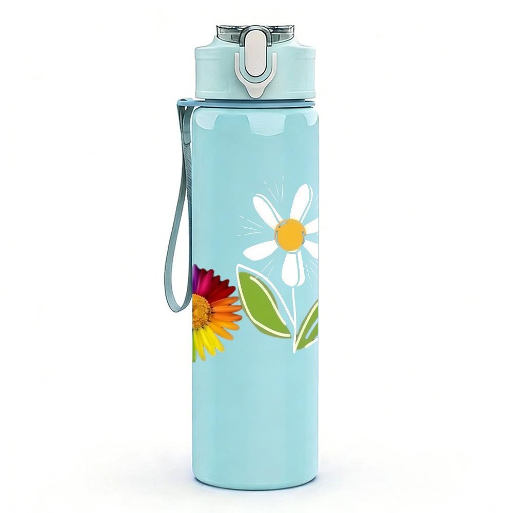 1PC Rainbow Daisy Simple Cute Floral Art 750ml Color Plastic Sports Water Bottle Leakproof Flip Straw Lid Suitable for Sports Office Home Use