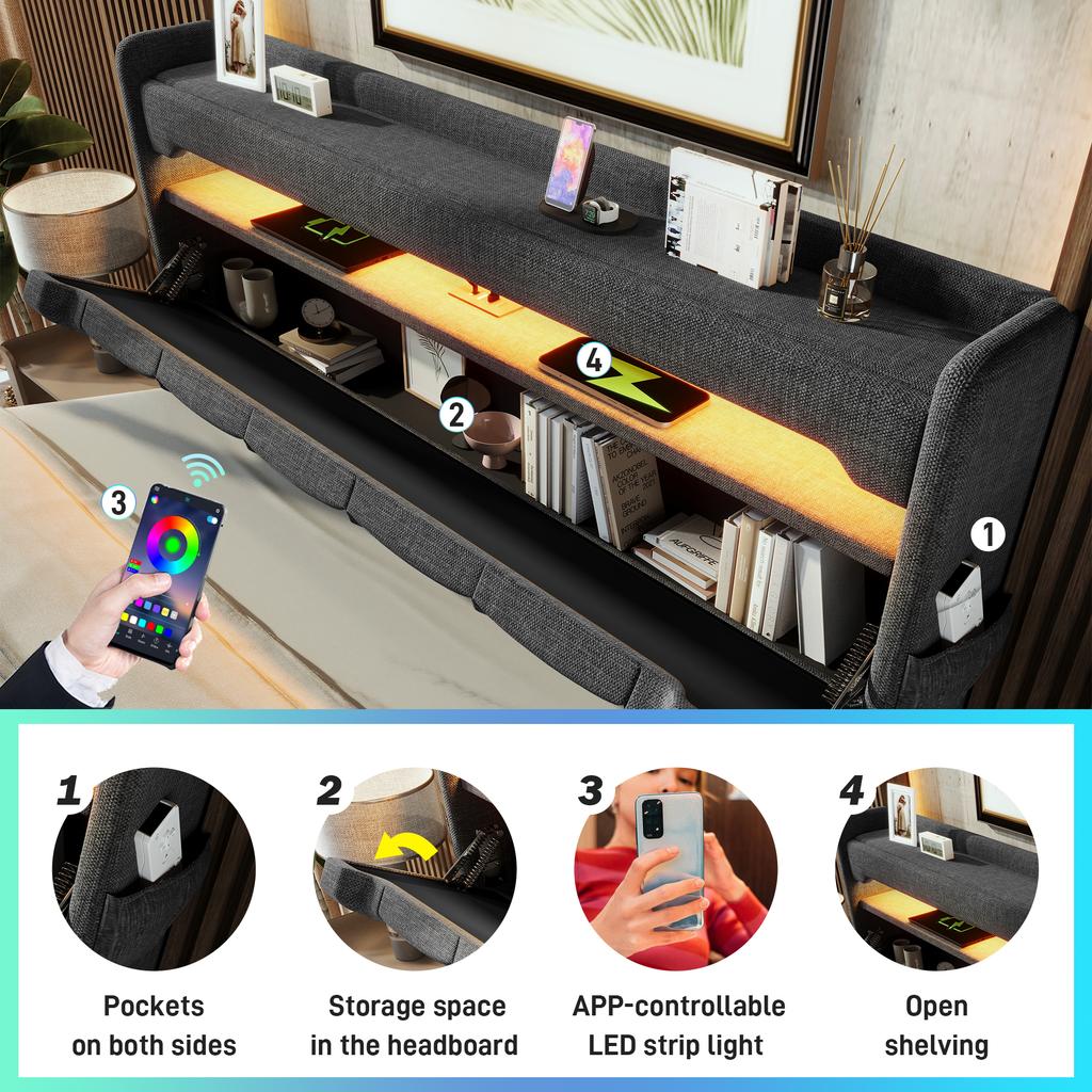 Upholstered Single Bed 90*200, Storage Headboard with USB, Type-C Port, 360 LED Around Head and Foot, Hydraulic Storage, Gray Linen (without Mattress)