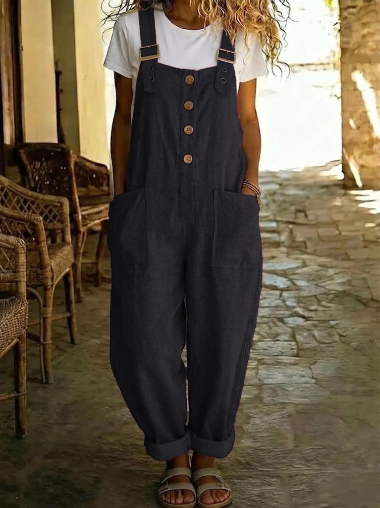 2026 Cotton Linen Retro Pocket Straight-Leg Overalls for Women