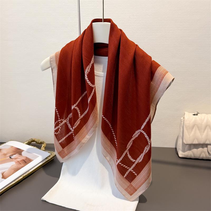 Exotic retro herringbone cotton-linen small square scarf, faux velvet shawl, sun-protective neckerchief for women