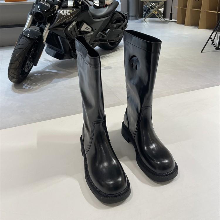 Sheepskin Version~ Fat Mm Thick Legs Leather Smiley Face Medium Boots Women's Wide Tube Thick Sole Martin Boots Knight Short Boots Western Boots