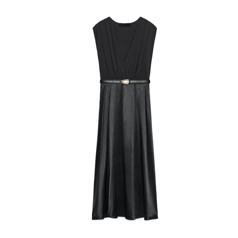 Fall New Women's Clothing Pleated Trim Double Breasted V Neck Sleeveless with Belt Patchwork Midi Skirt Dress 5029180
