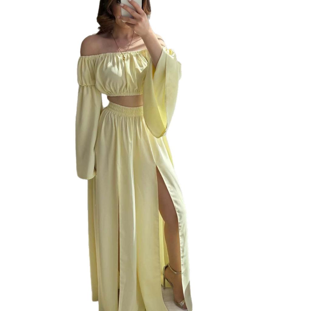 European and Women's New One-Neck Long Sleeve Short Top High Waist Split Wide Leg Pants Set