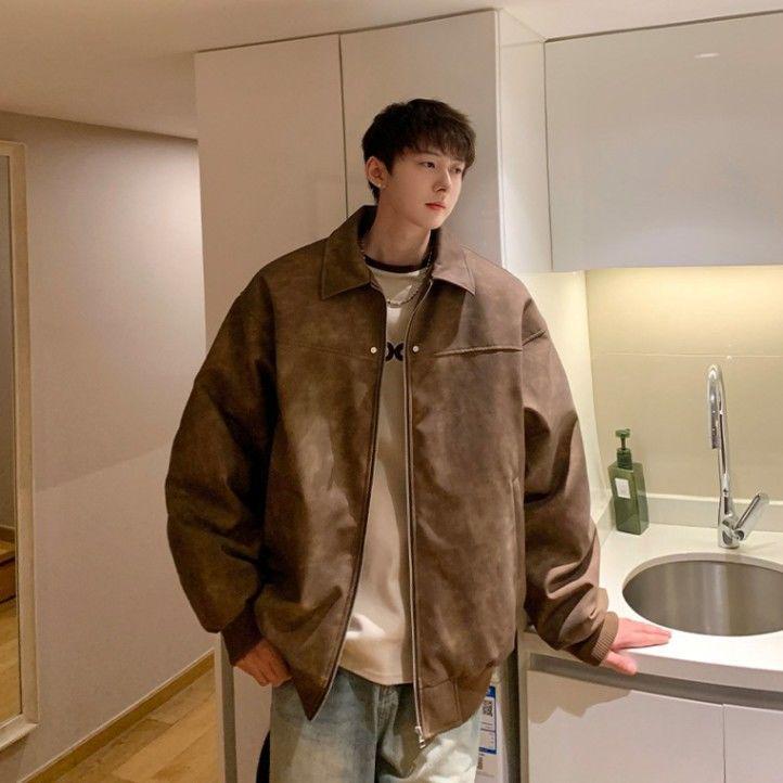 

Трендовая осенне-зимняя мужская ретро короткая кожаная куртка - красивая куртка в бейсбольном стиле в мотоциклетном стиле M for 85-105 jin коричневый