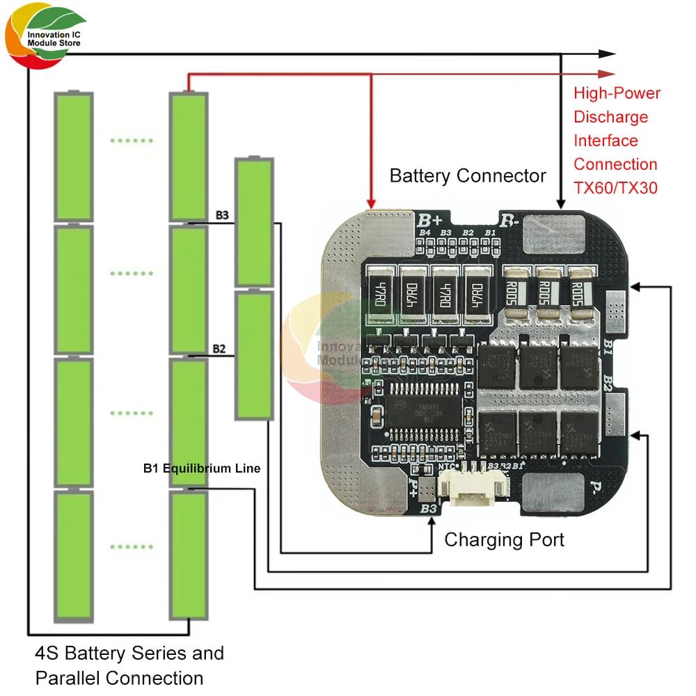 4S 60A 21700 Lithium Battery Protection Board with Balancing, 3.7V Series 18650 Protection Board