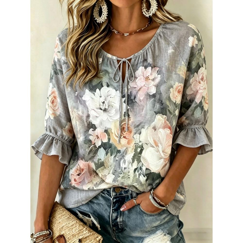 Damen Weiße Spitze Blumendruck Krawattenhals Bluse, Lässige Lockere Oberteile für Frühling Sommer Tägliche Kleidung & Urlaubsanlässe