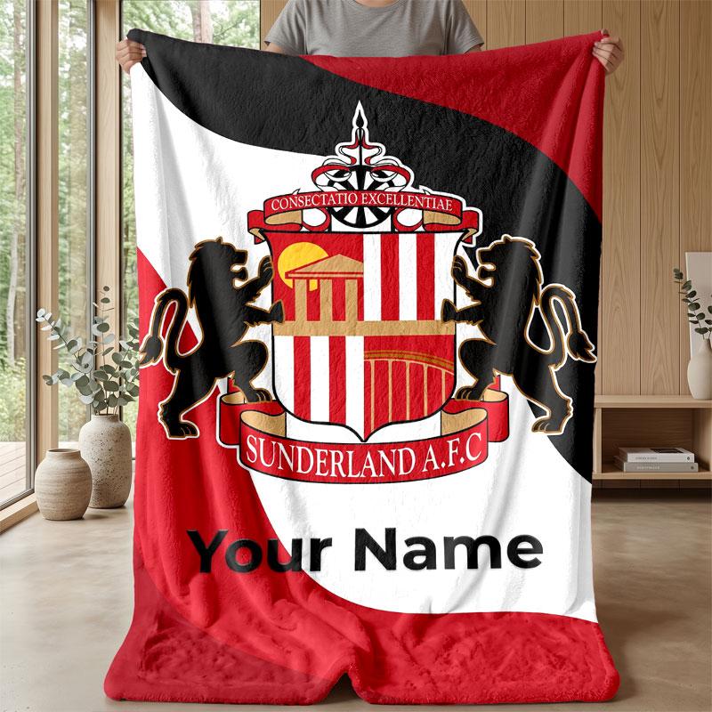 Sunderland FC Custom Name Text Flannel Blanket Soccer Logo Personalized Fleece Throw Blanket Special Gift For Sofa Bedroom Home