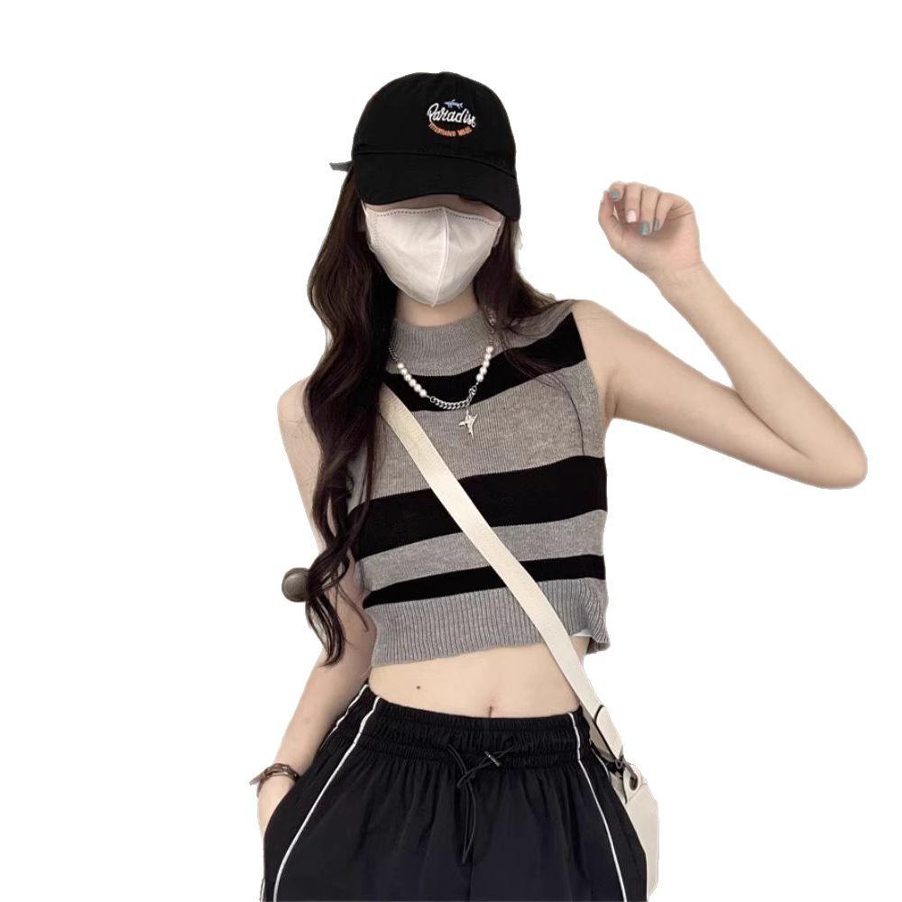 Women's Knitted Color Block Striped Sleeveless Crop Top - High Waist Summer Tank