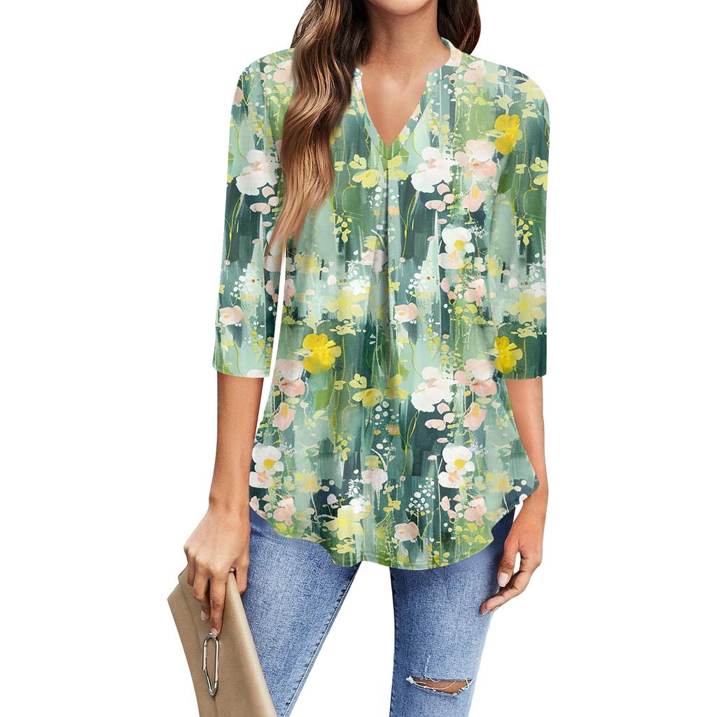 Damen Mode Lässiges Dreiviertelarm T-Shirt Bedrucktes V-Ausschnitt Top