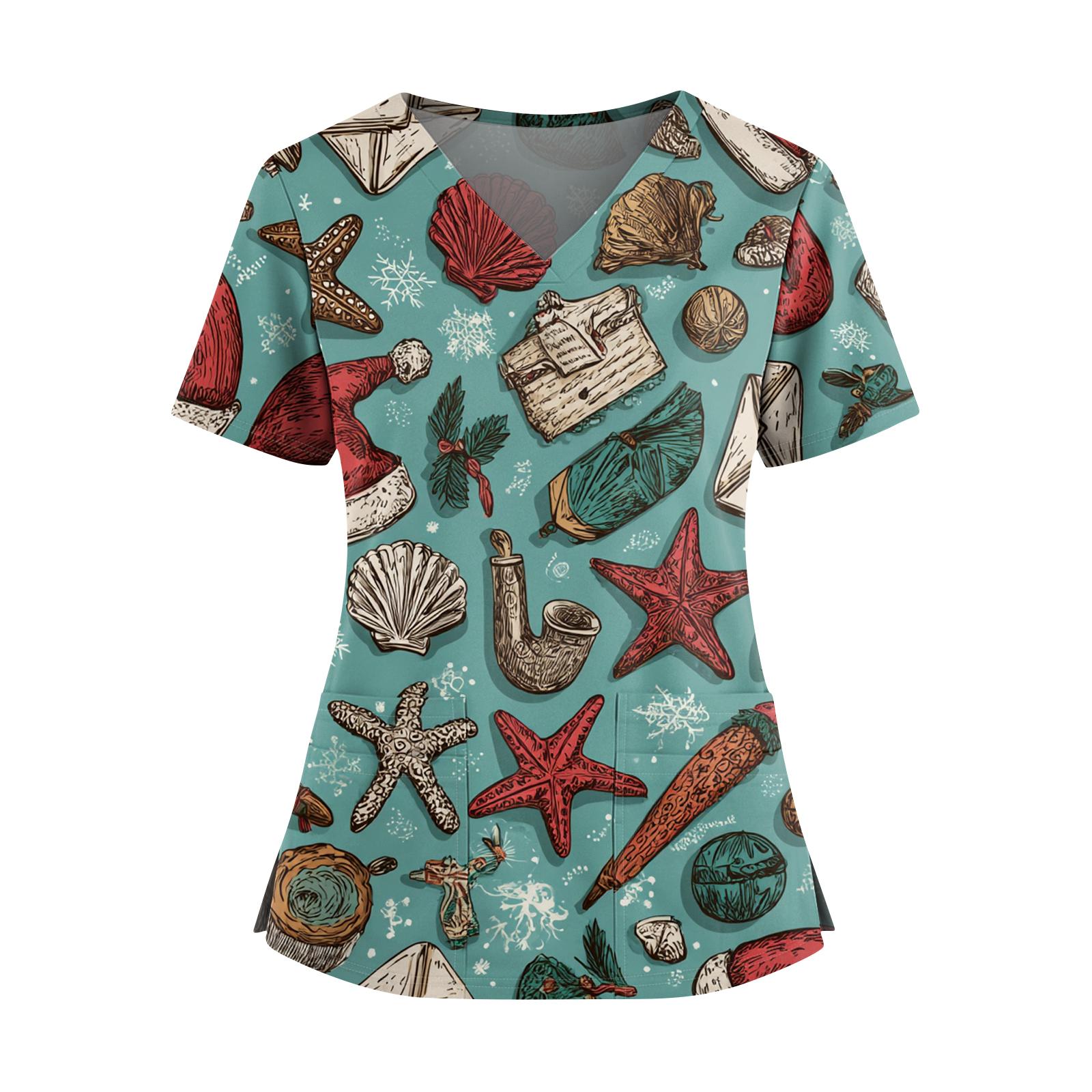 

Женский топ с рождественским принтом, V-образным вырезом, двумя карманами, короткими рукавами, разрезом по подолу, униформа и одежда для ухода M циан