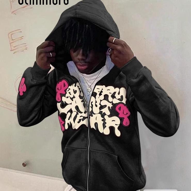 American high street tide brand letter printing hooded zipper sweater men, black oversize street zipper sweater