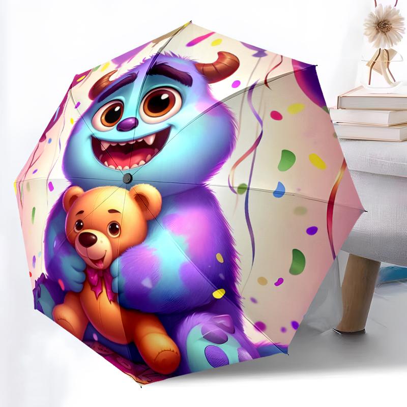 1pc Sturdy 8-Bone Auto Umbrella, Pooh Bear Pastel Forest Floral Umbrella, Digital Printed, Foldable Umbrella for On-the-Go Outdoor Use