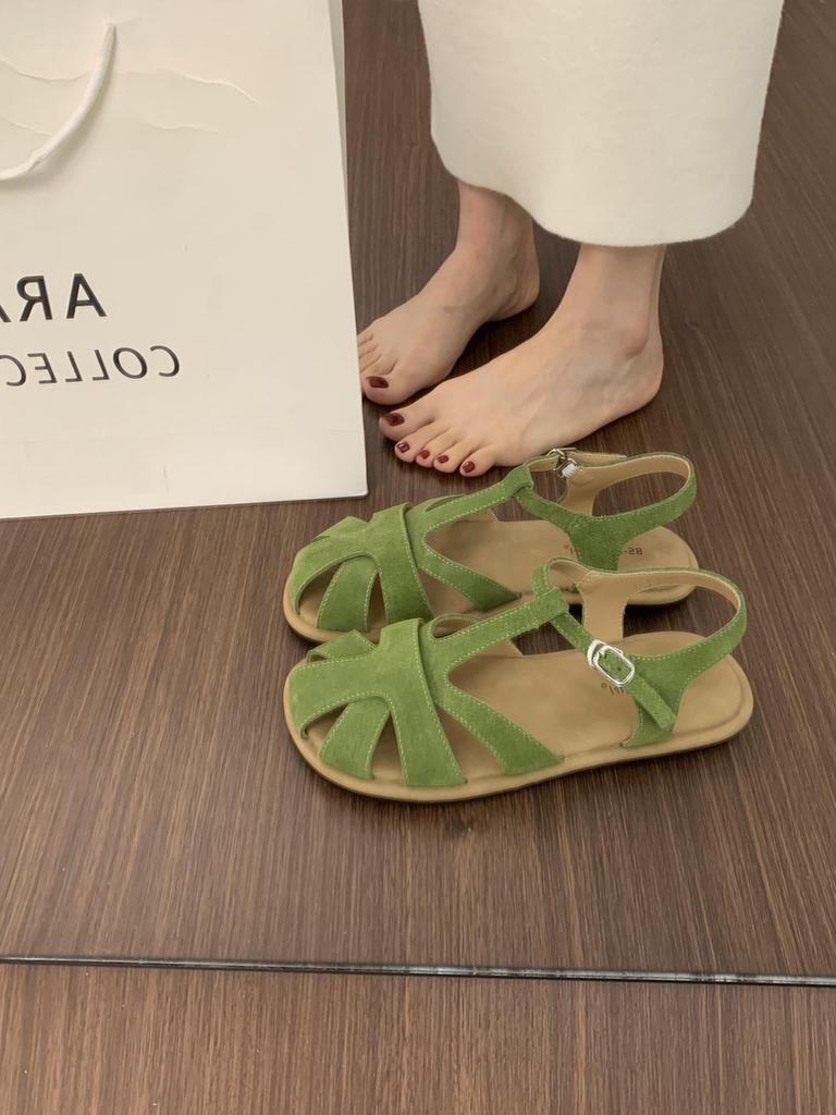 French flat-bottomed Mori leather woven baotou sandals women's summer 2025 new fashion casual beach Roman shoes