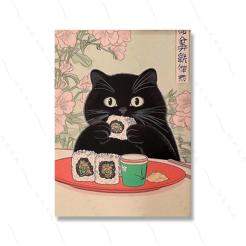 Japanese Black Cat Eating Sushi Frog Ramen Art Print Wall Decor Kitchen Dining Poster Aesthetic Unique Cat Lover Gift Poster