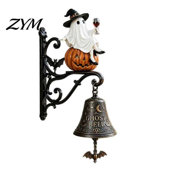 Illuminated Porch Hanging Halloween Light Up Ghost Pumpkin Doorbell, Vintage Resin Wall Bell with Spooky Yard Accessories Warm Glowing, Battery