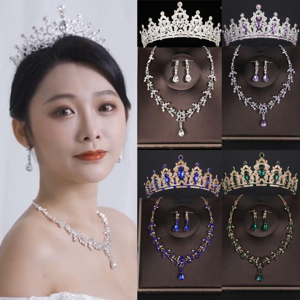 3pcs/set Luxury Bridal Jewelry Sets Crystal Water Drop Tiaras Crown Necklace Earrings Silver Color Sparkling