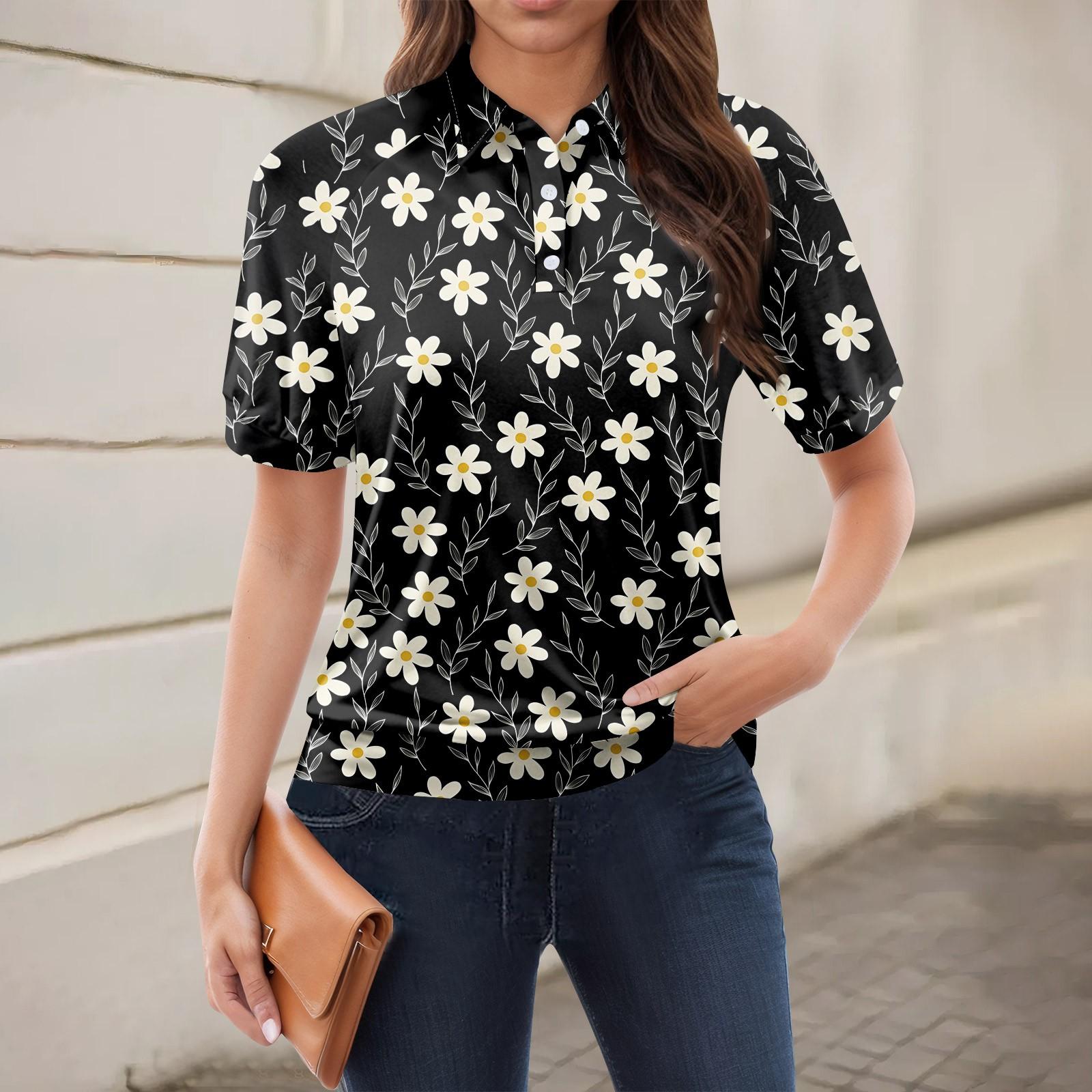 

Жіноча повсякденна футболка з V-подібним вирізом і короткими рукавами з квітковим принтом і декоративними ґудзиками L