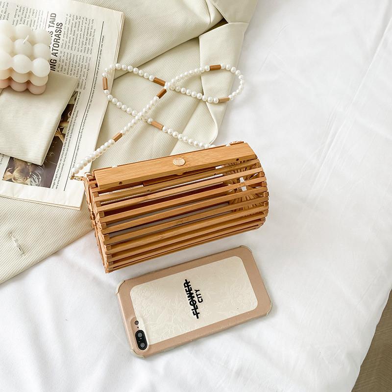 Woven Bamboo Cylinder Bag With Pearl Chain For Daily Casual Women