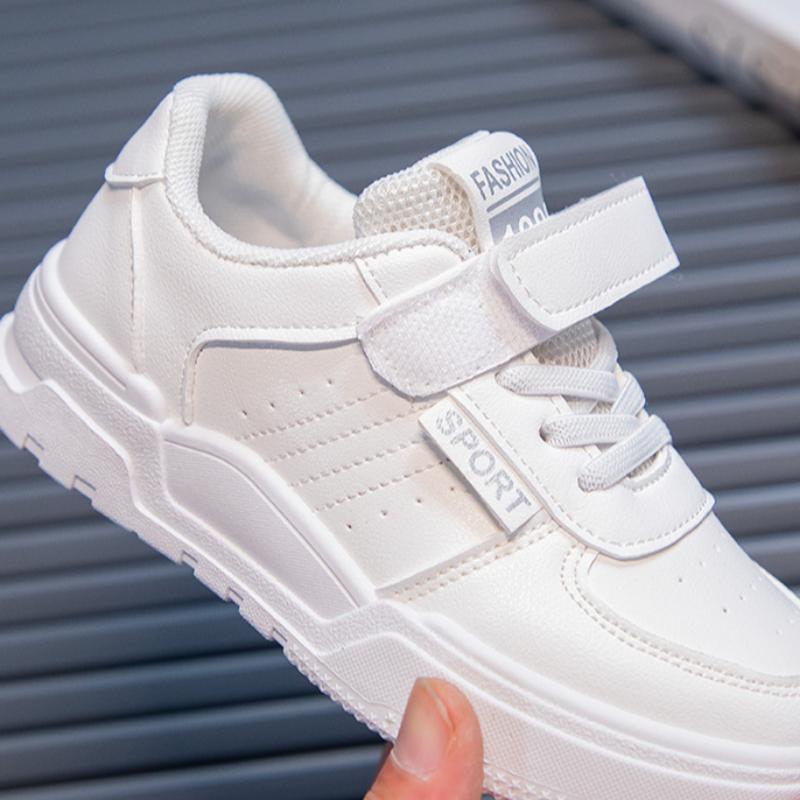 Children's White Soft Bottom Sports Board Shoes Student Casual Boys and Girls Leather Panel Shoes