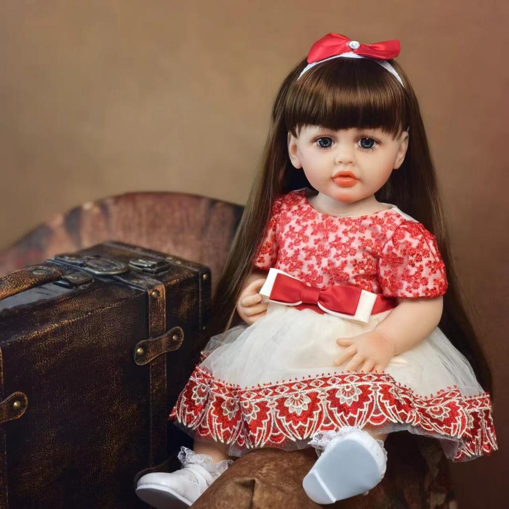 Lifelike Reborn Baby Dolls 22 Inch Realistic Newborn Girl Doll with Brown Long Hair Best Birthday Set for Girls Birthday XAMS Easter Gift