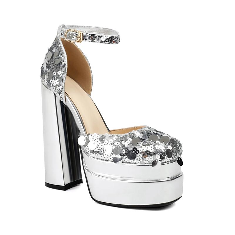 

Fashion Women s New Spring/Summer Nightclub Genuine Leather Sequin Elastic Waterproof Platform Bag Heel Large High Heel Baotou Sandals 210 серебряный