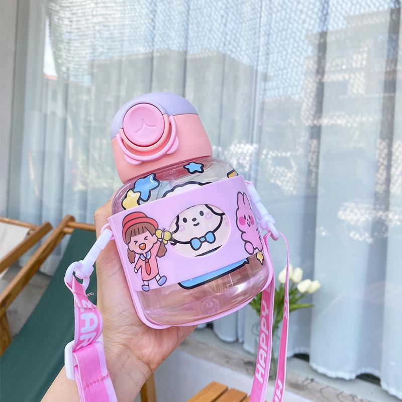 Water Bottle Color Matching Bounce Cover Straw Cup Children Cute Fun Cartoon Plastic Water Cup Primary School Students Strap Portable Cup