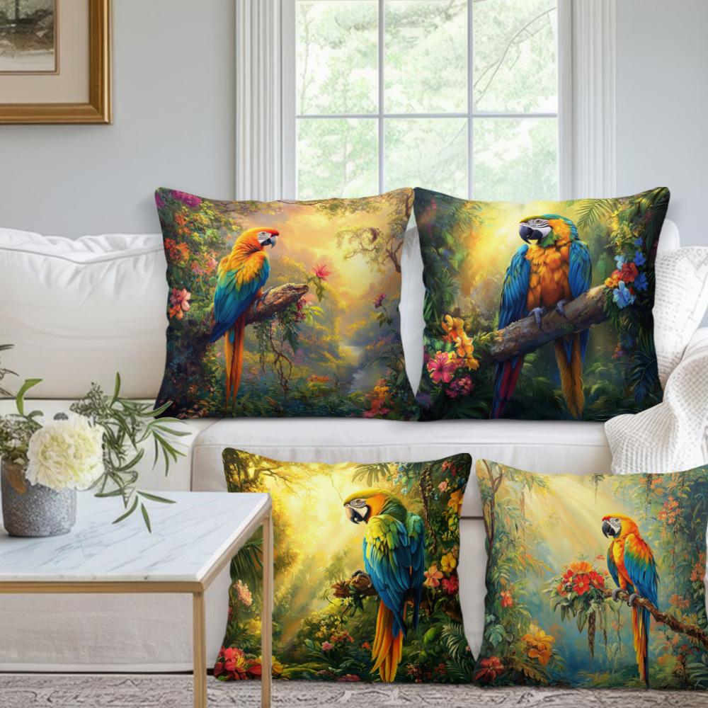 Jit Cartoon Wunderschöner Papagei Tropischer Regenwald Zuhause Leinen Kissenbezug Schlafzimmer Sofa Kissenbezug