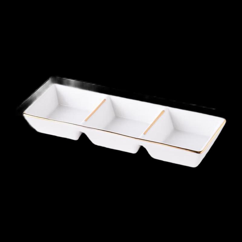 Gold Rim Ceramic Three-Compartment Sauce Dish