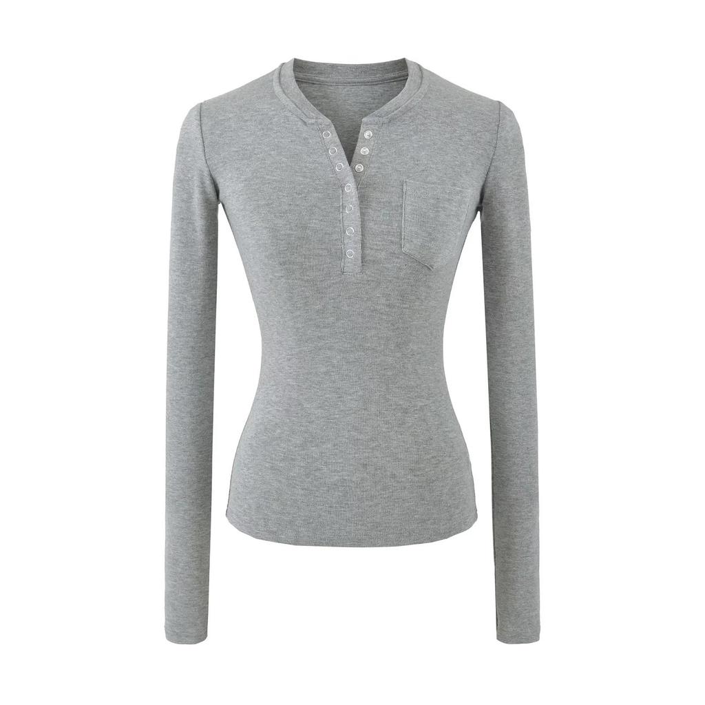 Women's American Spicy Girl Slim-Fit Henley Collar Long-Sleeve T-Shirt - Versatile Base Layer Top, 2026