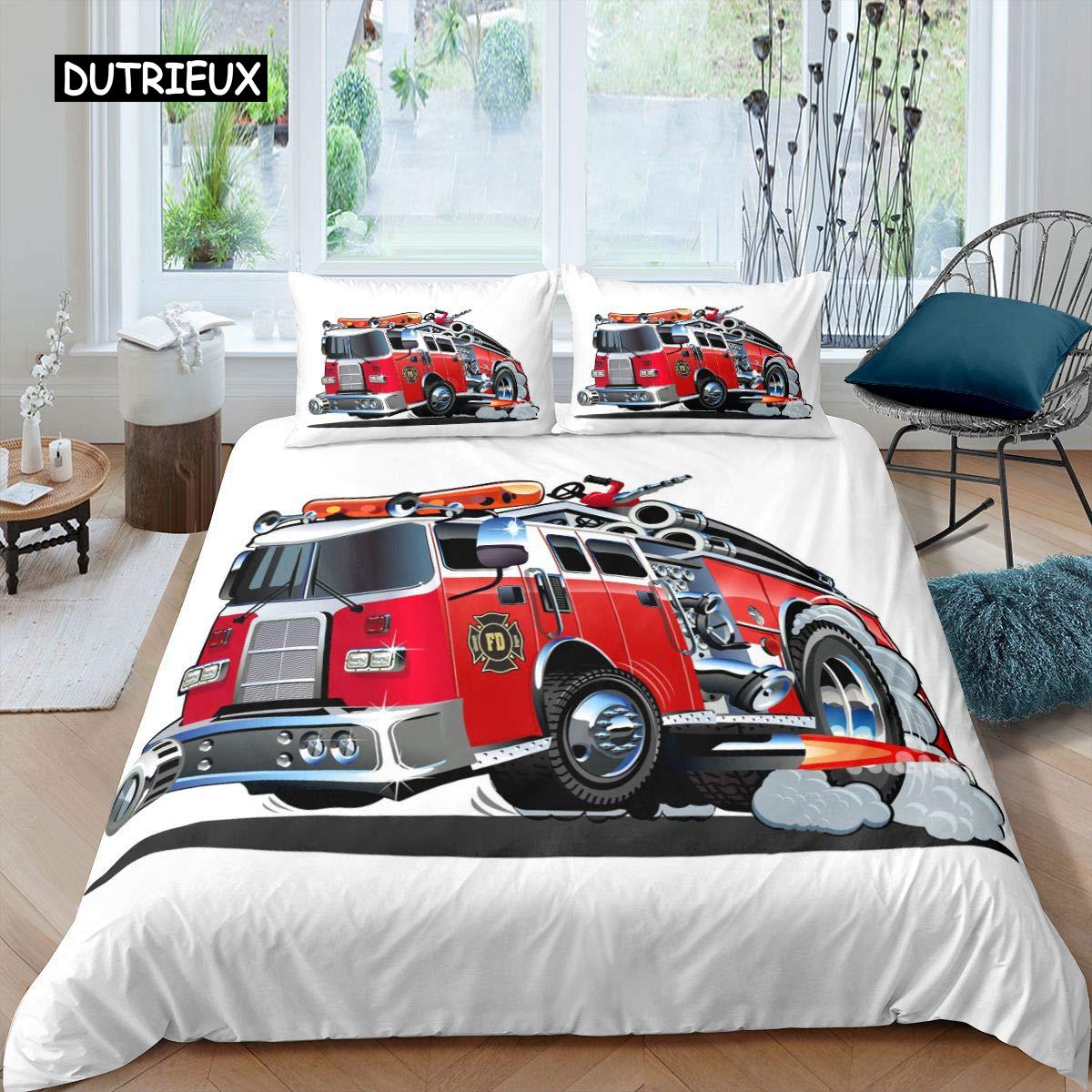 

Firefighter Truck Duvet Cover Set Kids Firemen Car Vehicle Bedding Set for Boys Fire Engine Pattern King Size Comforter Cover EU single(135x200cm)