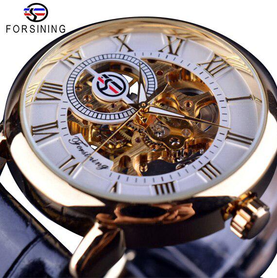 Forsining Orologio meccanico scheletrato in pelle con incisione cava con logo 3D, cassa in oro nero, marchio di lusso da uomo Heren Horloge