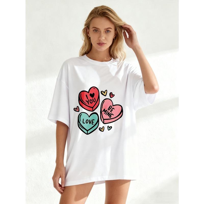 Black Oversized T-Shirt With Heart Candy Print I Love You Be Mine Valentine's Day Casual Wear For Women