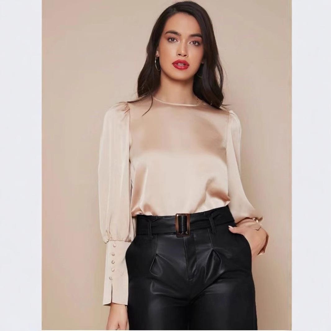 Women Satin Round Neck Puff Sleeve Button Cuff Blouse S