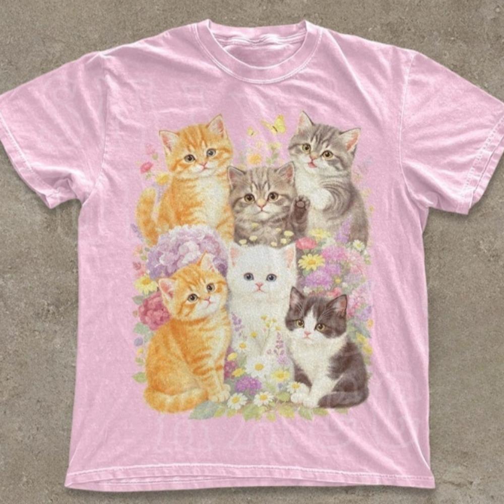 Retro Kitten Shirt, Retro Floral Cat T-shirt, Pastoral Style Gift T-shirt for Cat Lovers Aesthetic Cute Clothing, Harajuku Style S