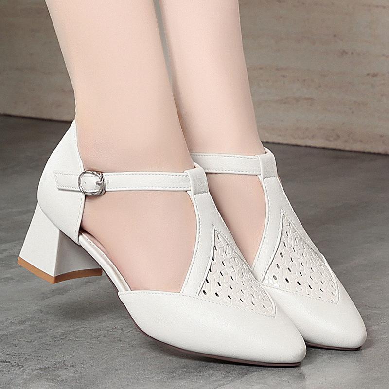 Fashion Baotou Sandals For Women In Summer 5cm Pointed Toe Woven Hollow Shallow Mouth T-Buckle Thick Heel Commuting Single Shoes Fashion