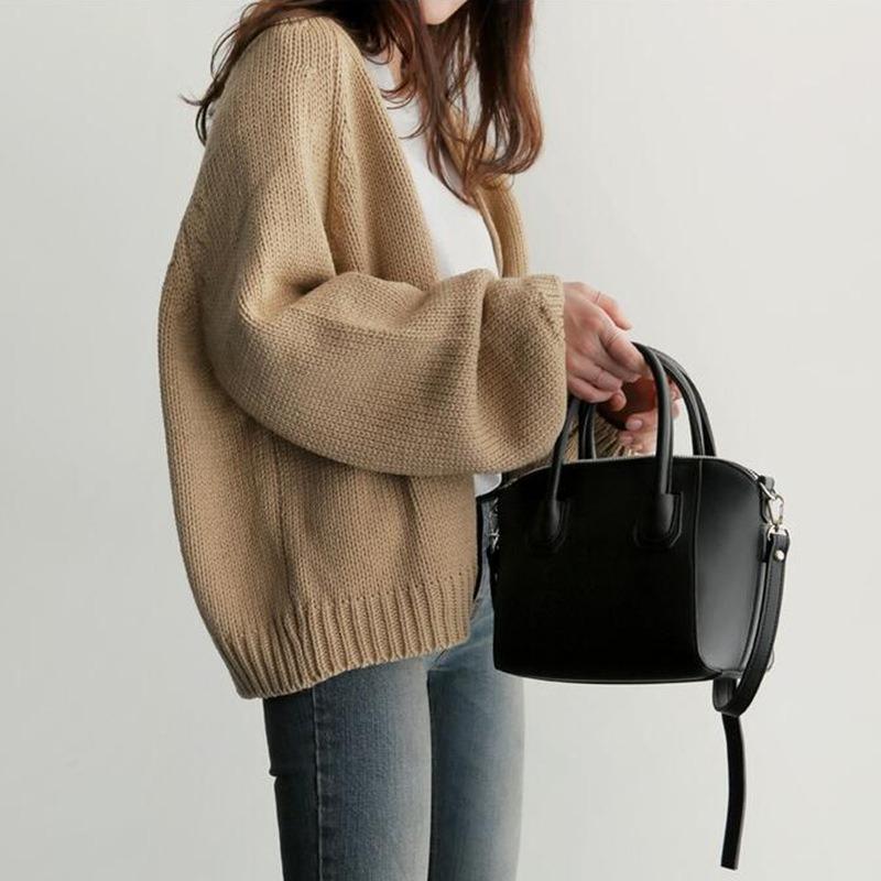 V Neck New Fashion Autumn Loose Knitted Cardigan Women Short Sweater Jacket Casual Office Solid Color Elegant Simple Long Sleeve Coats Basic Clothing