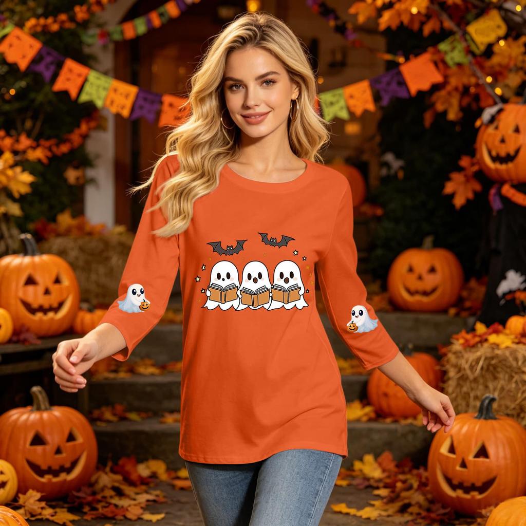 Women's Casual Three-Quarter Sleeve Halloween Print Neck Top