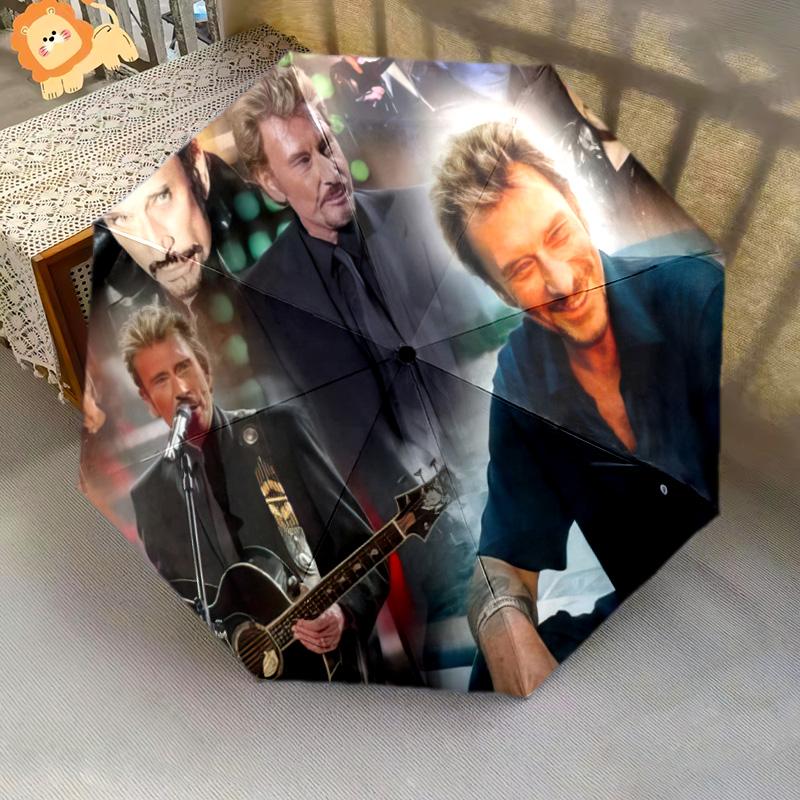 1pc Johnny Hallyday Pattern Umbrella Portable Folding Umbrella Iron Frame Hole Bone Structure Outdoor Home Umbrella