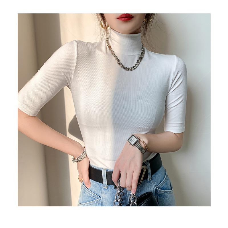 Threaded Short-sleeved T-shirt for Women Summer New Half-sleeved Turtleneck Bottoming Shirt with Inner Top