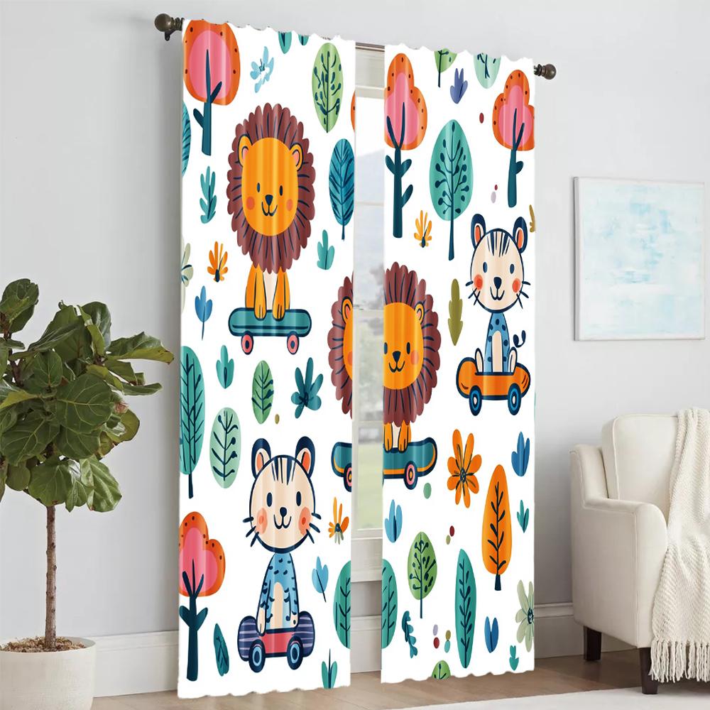 2 Pcs, Versatile Polyester Transparent Curtains for Home Decoration Cute Little Lion And Tiger Cartoon for Use In Bedrooms and