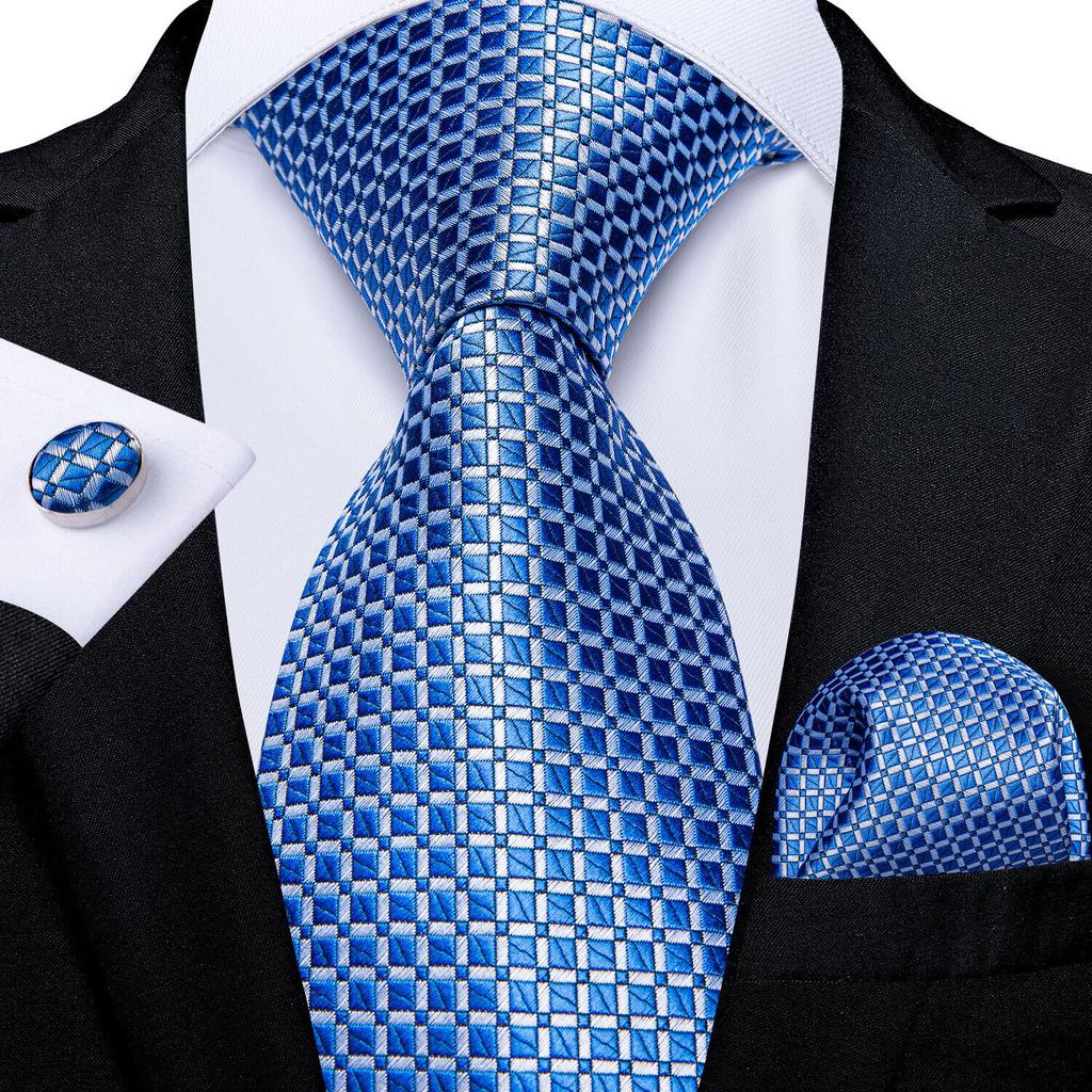 Barry.Wang Necktie Hankerchief Cufflinks Set Purple Blue Black Dots Jacquard Woven Wedding